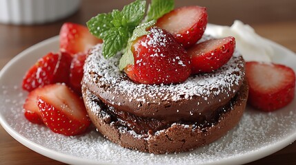 Chocolate Delight Dessert with Strawberries and Mint Garnished with Powdered Sugar Sweet Treat.
