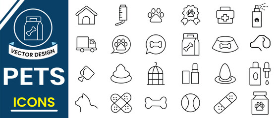 Pet, Veterinary web icons in line style. Veterinary, pet, vet, pet shop, dog care, training, cat,  dog, cat, rabbit, hamster, bird, bone, pets, vaccine, pet care line icon vector illustration.