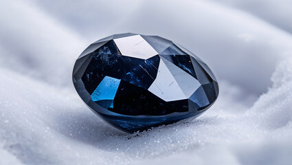 Faceted Dark Blue Gemstone Resting On A Soft Bed Of White Powder