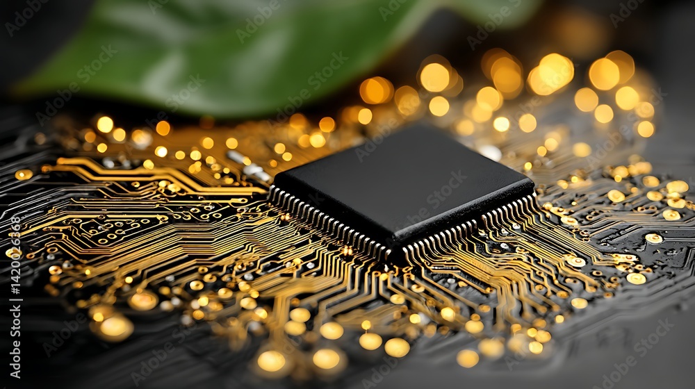 Poster circuit board with processor unit and bokeh background.