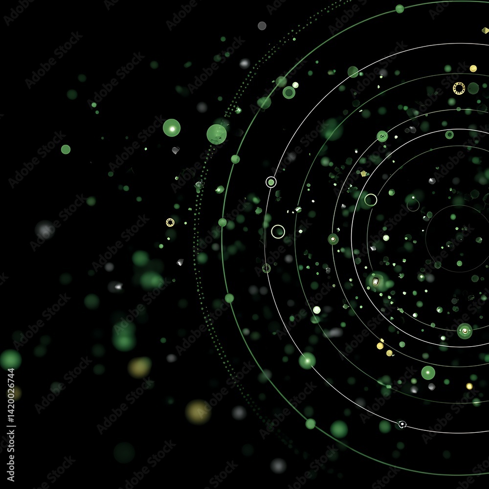 Poster circular data stream visualization with green points and lines on a black abstract background.