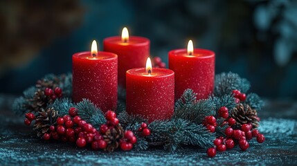 Glowing red candles illuminate a lovely winter arrangement with pine and berries