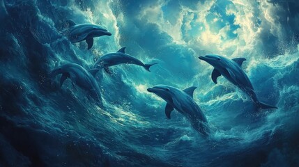 Obraz premium Majestic dolphins leap through a stormy ocean at night.