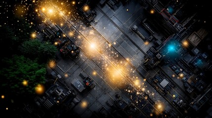 Obraz premium Cityscape Aerial Glow in Technological Matrix with Geometric Precision and Futuristic Energy.