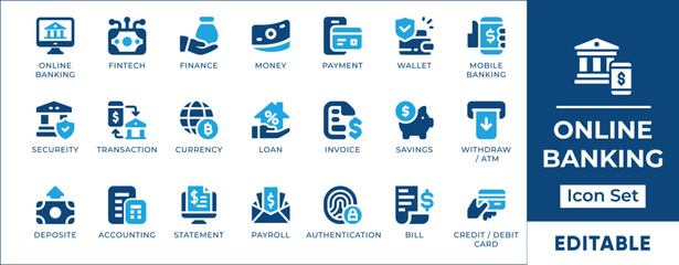 Digital banking icon set featuring mobile payments, fintech, security, and finance technology for web, app UI, dashboards, and financial presentations.