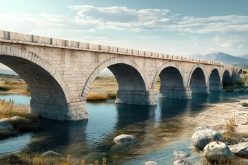Fototapeta premium Stone bridge spans serene river under a clear sky near mountains