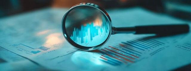 Data Analysis and Observation: A close-up view of a magnifying glass, perfectly positioned over detailed financial reports. The scene is bathed in cool, focused light.