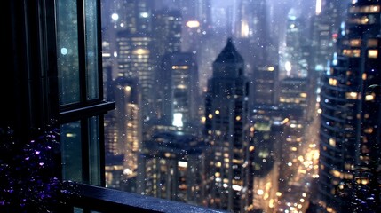 Fototapeta premium Cityscape Window View at Night Illuminated Buildings Under a Rainy Twilight Moody Atmosphere.