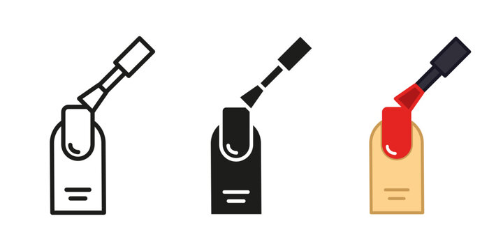 Manicure icon. Red nail polish applied to fingernail vector illustration. Beauty care symbol with brush and painted nail. Spa, cosmetic, and fashion concept for nail salon or personal grooming.