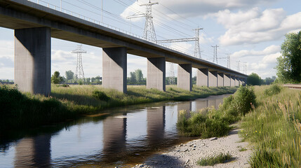 Fototapeta premium Countryside River With Bridge And Green Grass