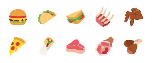 Fast food icon set. Colorful meal vector illustration with burger, taco, sandwich, pizza slice and grilled meat. Cartoon street food pictogram. Ideal for restaurant menus, delivery apps and services.