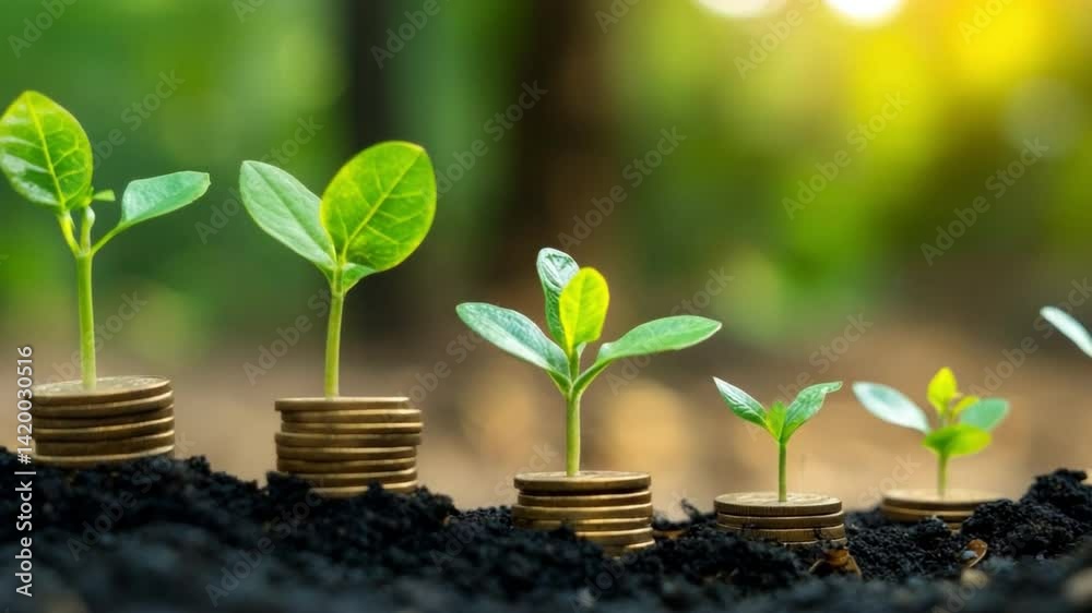 Poster blossoming investment: a verdant seedling sprouts forth from a bed of soil atop stacks of coins, viv
