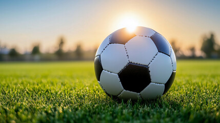 A soccer ball bathed in the golden sunset glow, resting on a lush green field, promising a thrilling game ahead.