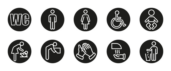 WC black icon set. Public toilet and hygiene facilities glyph vector illustration. Gender, baby changing and accessibility symbols. Sanitary pictograms for restroom signage and public bathroom.