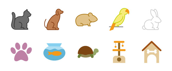 Pet icon set. Colorful domestic animal symbols including cat, dog, parrot, rabbit, fish, turtle and hamster. Cartoon illustration of pet accessories and care elements like paw, fishbowl and house.