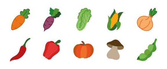Colorful vegetable icon set. Cartoon organic vegetables illustration including carrot, pepper, onion, corn, mushroom and pumpkin. Natural and healthy nutrition colored symbols and silhouettes.