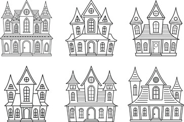 Haunted House Collection Line Art &ndash; Spooky Halloween Mansion Set Vector Illustration