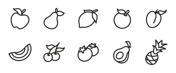 Fototapeta premium Fruit icon set. Outline collection of fresh organic fruits including apple, lemon, orange, avocado and berries. Tropical and seasonal food illustration. Healthy diet and vegan nutrition food labels.