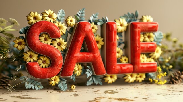 Colorful letters spell sale, framed by flowers and greenery for a festive vibe