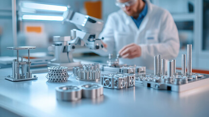 Engineers inspecting printed metallic parts with laser scanner on workbench in innovative manufacturing environment