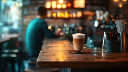 Sipping warm lattes at a cozy coffee shop bar soft glowing lights grainy texture nostalgic lo-fi ambiance