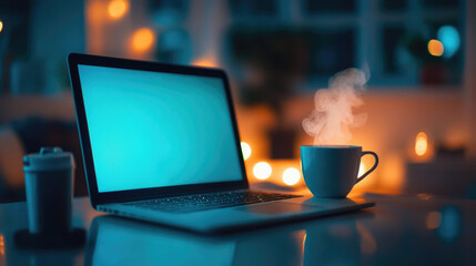 Creating a cozy atmosphere in a dimly lit room with a laptop lo fi playlist and steaming tea cup for relaxation and