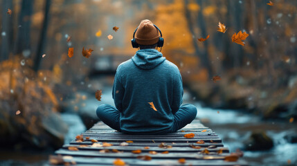 A person sitting on a small wooden bridge over a stream in the forest with headphones floating leaves calm lo-fi aesthetic