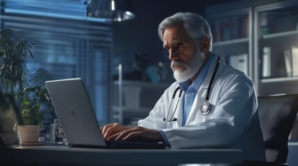 Fototapeta premium Serious mature old doctor physician using laptop tech in hospital office. Senior middle aged male gp checking patient clinical registration form, elearning working looking at computer sitting at desk
