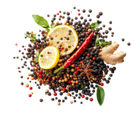 Spices and herbs explosion culinary food isolated on transparent background