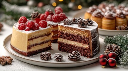 Delectable cakes artfully arranged with raspberries, pinecones, and holiday cheer