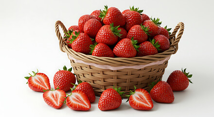 Juicy strawberries in a decorative basket with a few halved strawberries scattered beside it, on a white background