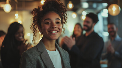 Obraz premium Young woman smiling confidently at business event while colleagues applaud in modern office setting