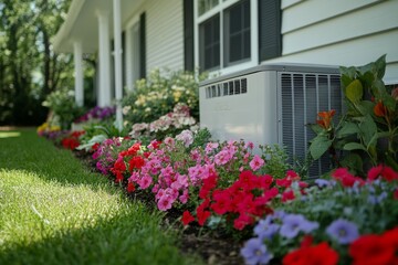 Efficient home HVAC systems bring heat and cool air to a lush green grassy backyard house landscape