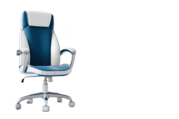 Blue and White Comfort: A Modern Office Chair Rendered with Wireframe Detail on a Black Background, Revealing Design and Structure