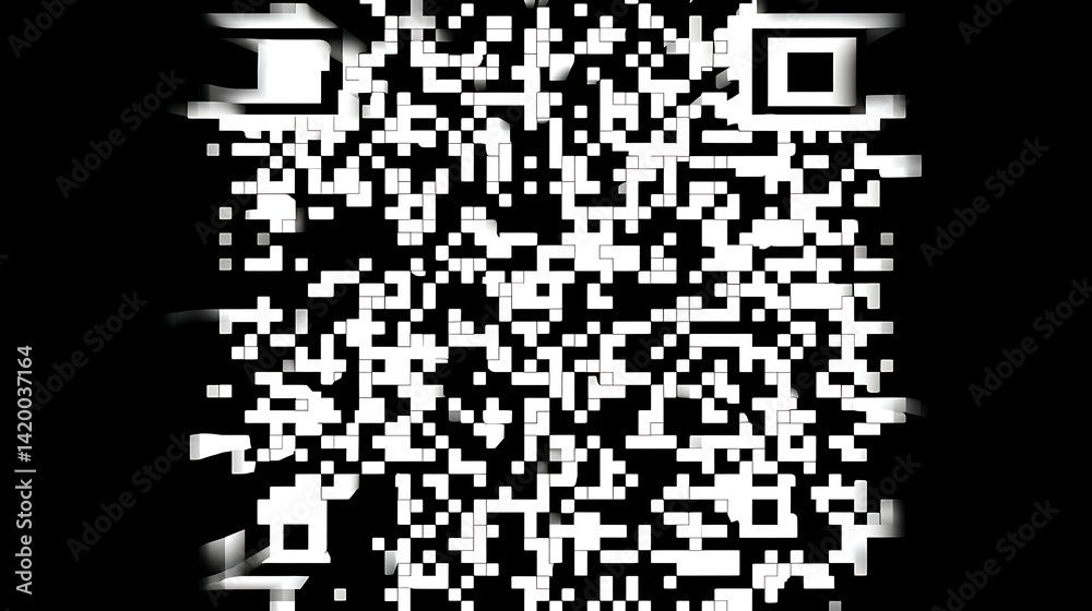 Poster complex matrix code abstraction with squares in minimalist style black and white composition.