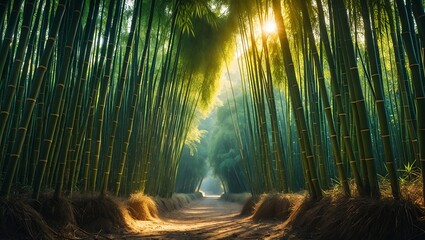 Walking Path Through Bamboo Forest with Sunlight Streaming Through Trees