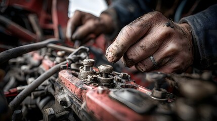 Close-up of a mechanic's hands working on a diesel engine.