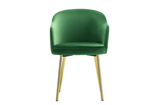 Emerald Elegance: A Luxurious Green Velvet Chair with Golden Accents, Perfect for Adding a Touch of Sophistication to Any Modern Interior Space.