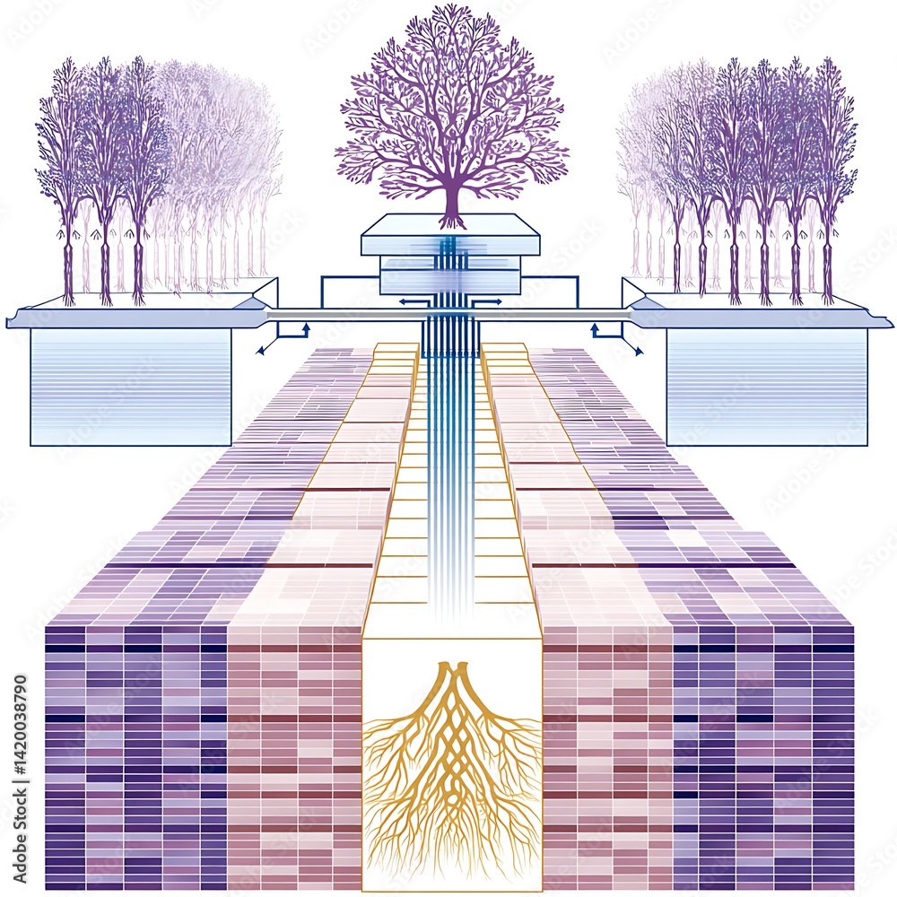 Poster conceptual growth visualization with abstract trees interconnected data flow for development.
