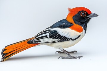 Vibrant orange and black bird with striking plumage on a white background