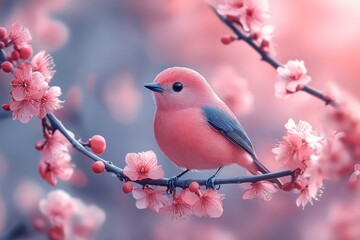 Fototapeta premium Small pink bird perched on a flowering branch soft pastel colors.