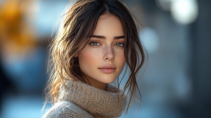 Obraz premium A young woman with bright eyes and a warm smile enjoys the gentle winter sunshine
