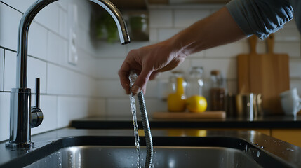 Plumber cleaning blocked drain in kitchen. Featuring precision and problem-solving