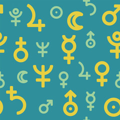 Obraz premium seamless pattern astronomical background of solar system planet signs vector blue green yellow