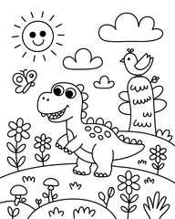 Obraz premium Cute Cartoon Dinosaur Winter Scene with Christmas Trees, Snow Falling, Woolly Hat and Scarf, Wooden Fence in Black and White Line Drawing Style for Kids Coloring Book