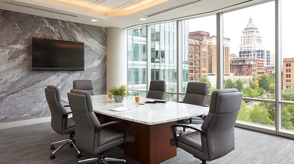 Fototapeta premium Conference Room Business Interior with Marble Table Top and City View from Windows