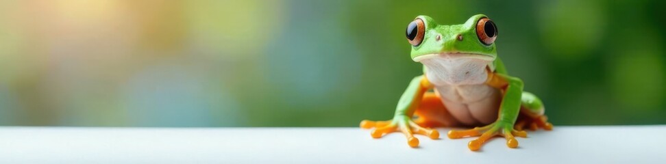 Obraz premium Frog sitting on a white panel with large eyes , piglets, frogs