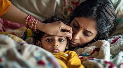 Woman checking temperature with hand of little ill daughter. Mother checking temperature of her sick indian girl. Sick child lying on bed under blanket with woman checking fever on forehead by hand.