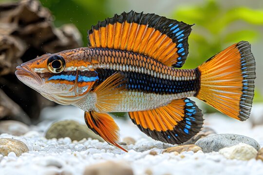 Vibrant apistogramma fish displaying striking colors in natural aquatic habitat