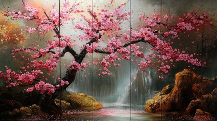 Vibrant pink cherry blossoms grace a serene landscape painting.